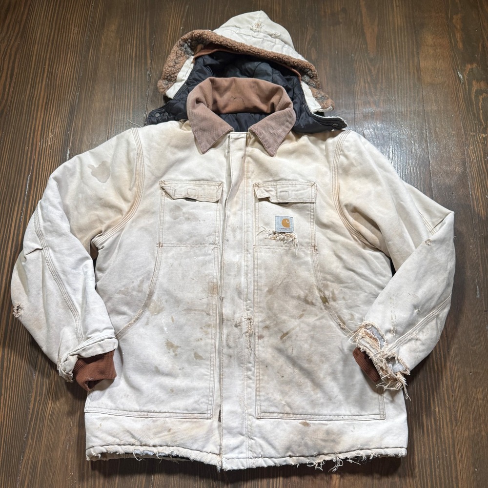 VTG‎ Carhartt Jacket Mens XL Tan C03 Quilted Corduroy Collar Hooded Distressed